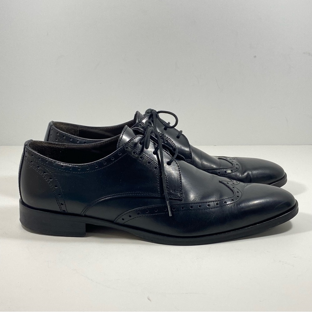 Bruno Magli Mens 9.5 M Cortez Leather Wingtip Oxfords Dress Shoes Black Lace - Picture 2 of 8